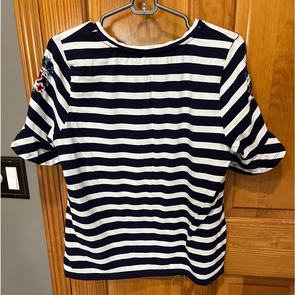 Navy blue & white striped bell short sleeve top- size L - Picture 2 of 7